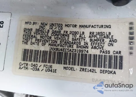 2010 Toyota Corolla Le z USA, uszkodzony, nr VIN 1NXBU4EE5AZ319974